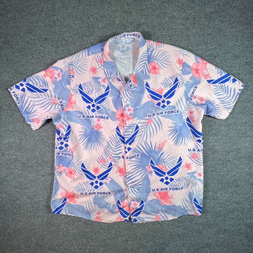 U.S Air Force Button-Up Shirt Men's 2XL Blue Hawaiian Tropical Leaf Beach Casual